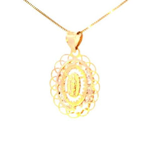 14K Real Gold TC CZ Oval Mother Mary Fancy Small Reversible Charm with Box Chain