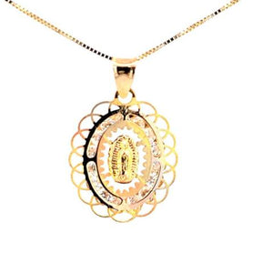 14K Real Gold TC CZ Oval Mother Mary Fancy Small Reversible Charm with Box Chain