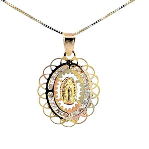 14K Real Gold TC CZ Oval Mother Mary Fancy Small Reversible Charm with Box Chain