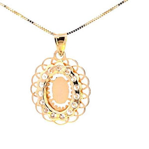 14K Real Gold TC CZ Oval Mother Mary Fancy Small Reversible Charm with Box Chain