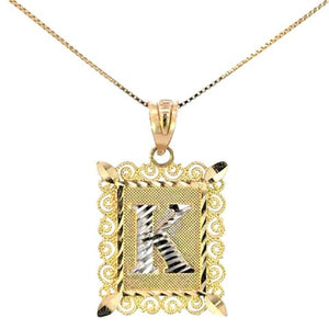 10K Real Gold Diamond Cut TT Filigree Initial Medium Size Charm with Box Chain