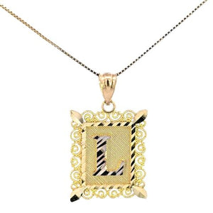 10K Real Gold Diamond Cut TT Filigree Initial Medium Size Charm with Box Chain