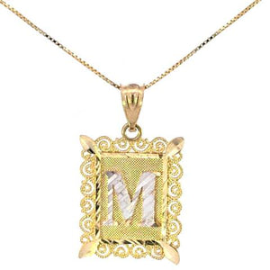 10K Real Gold Diamond Cut TT Filigree Initial Medium Size Charm with Box Chain