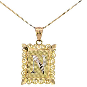 10K Real Gold Diamond Cut TT Filigree Initial Medium Size Charm with Box Chain