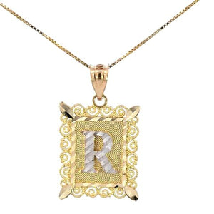 10K Real Gold Diamond Cut TT Filigree Initial Medium Size Charm with Box Chain