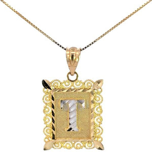 10K Real Gold Diamond Cut TT Filigree Initial Medium Size Charm with Box Chain