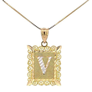 10K Real Gold Diamond Cut TT Filigree Initial Medium Size Charm with Box Chain