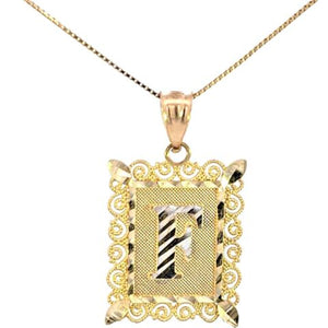 10K Real Gold Diamond Cut TT Filigree Initial Medium Size Charm with Box Chain