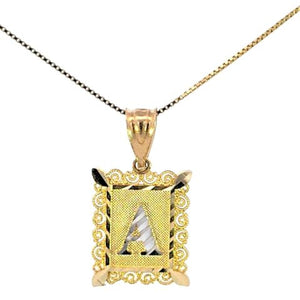 10K Real Gold Diamond Cut Two-Tone  Filigree Initial Small Charm with Box Chain