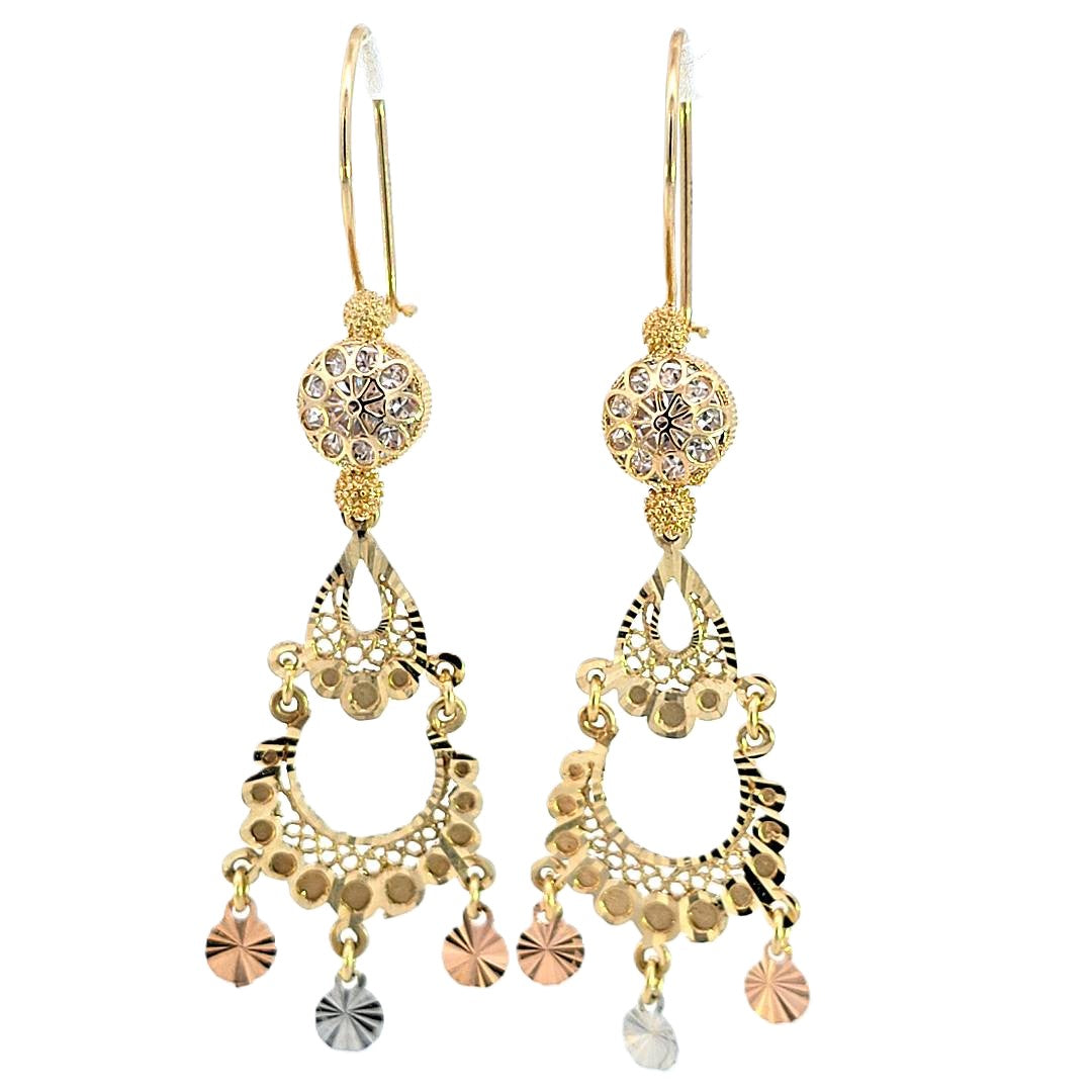 14K Real Gold Tri Color CZ long Chandelier Earrings for Girls Women