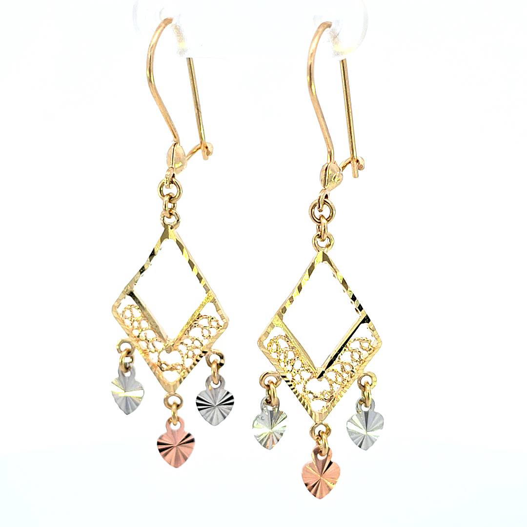 14K Real Gold Tri Color Fancy Triangle Chandelier 1.5Inches Earrings for Girls