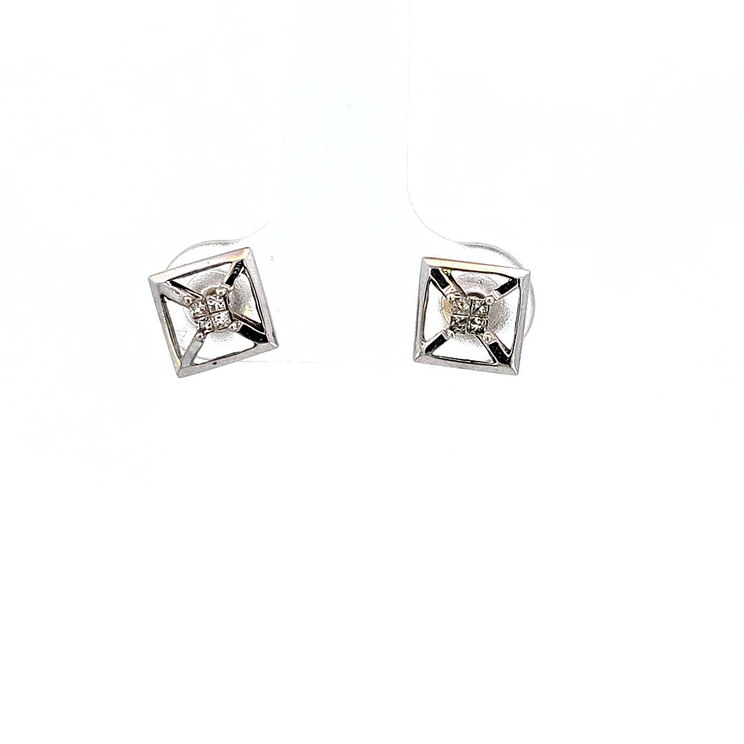 14K Real White Gold CZ Stud Square Shape Earrings