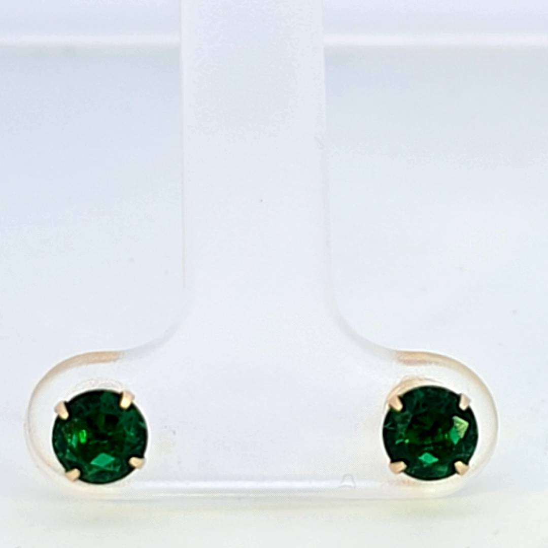 14K Real Gold Emerald Round Stud Earrings