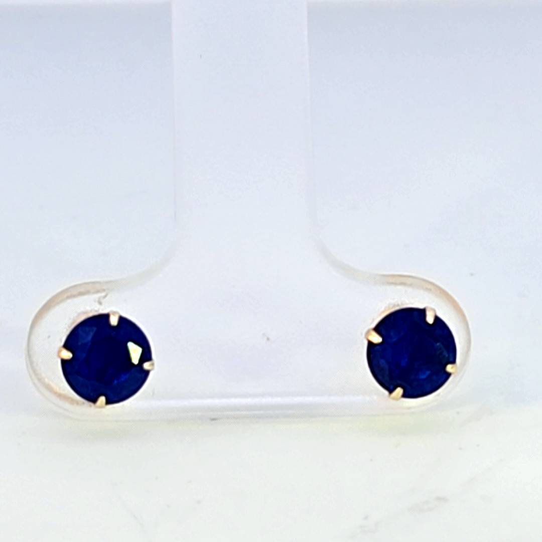 14K Real Gold Blue Sapphire Round Stud Earrings