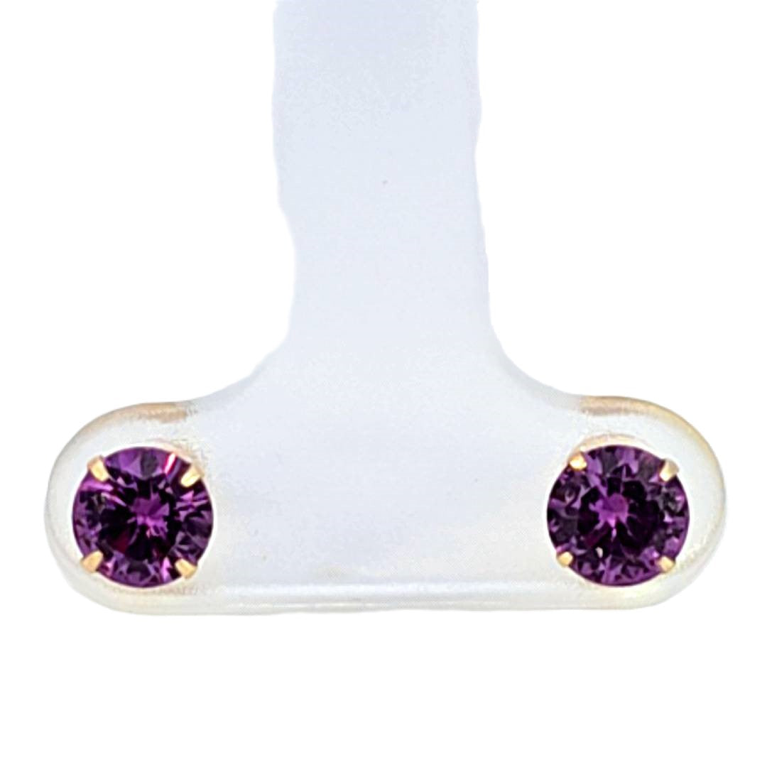 14K Real Gold Purple CZ Round 5MM Stud Earrings