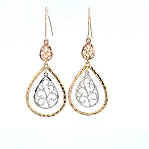 10K Real Gold Tri Color Filigree Oval shape Dangle Earrings for Girls Womens