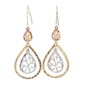 10K Real Gold Tri Color Filigree Oval shape Dangle Earrings for Girls Womens