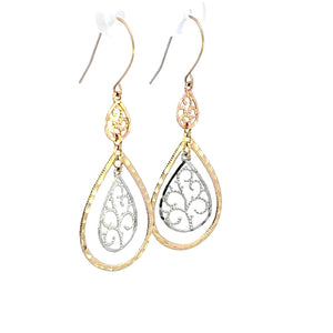 10K Real Gold Tri Color Filigree Oval shape Dangle Earrings for Girls Womens