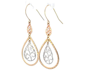 10K Real Gold Tri Color Filigree Oval shape Dangle Earrings for Girls Womens