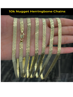 Real 10K Yellow Gold Nugget Herringbone Chains For Men / Women - Gifts For Him / Her