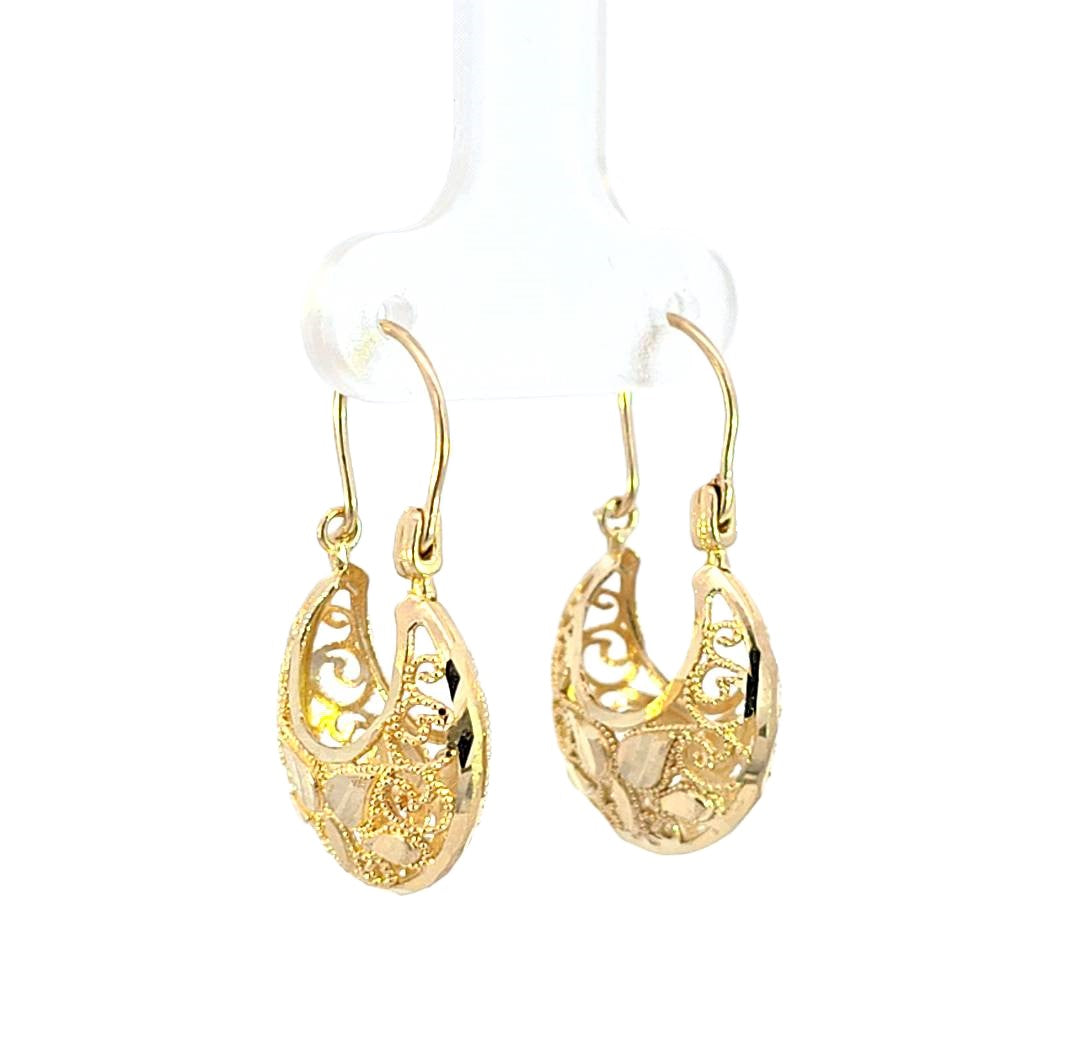 10K Gold Earrings, 23 mm x 14 mm Basket Earrings, Dangle Earrings, Filigree Earrings, Filigree Hoop, Gold factory Filigree, Gold Earrings.- EGE22