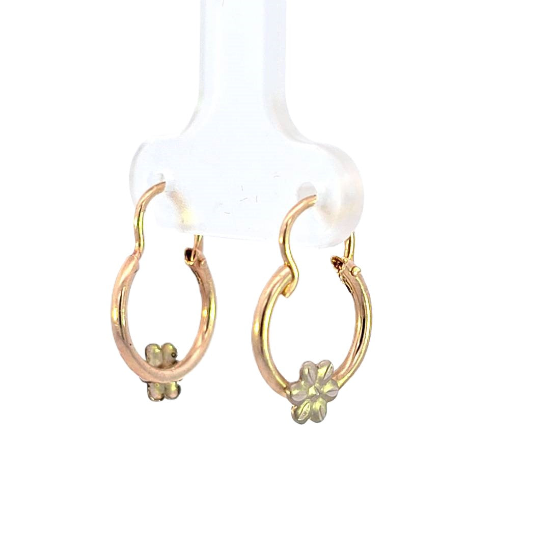 10K Real Gold Two Tone Small Hoop Flower Earrings