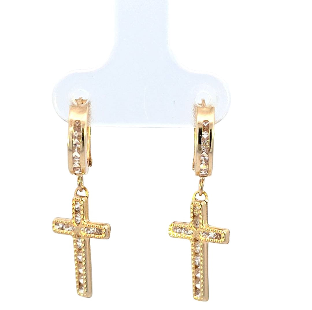 10K Real Gold CZ Hoop With Cross Dangle Earring