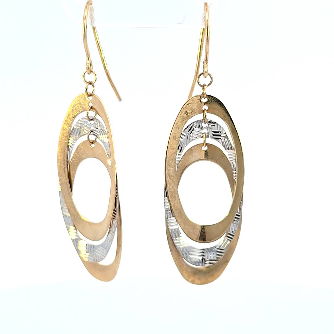 10K Real Gold Double Oval Two Tone Dangle Earrings for Girls, Women's