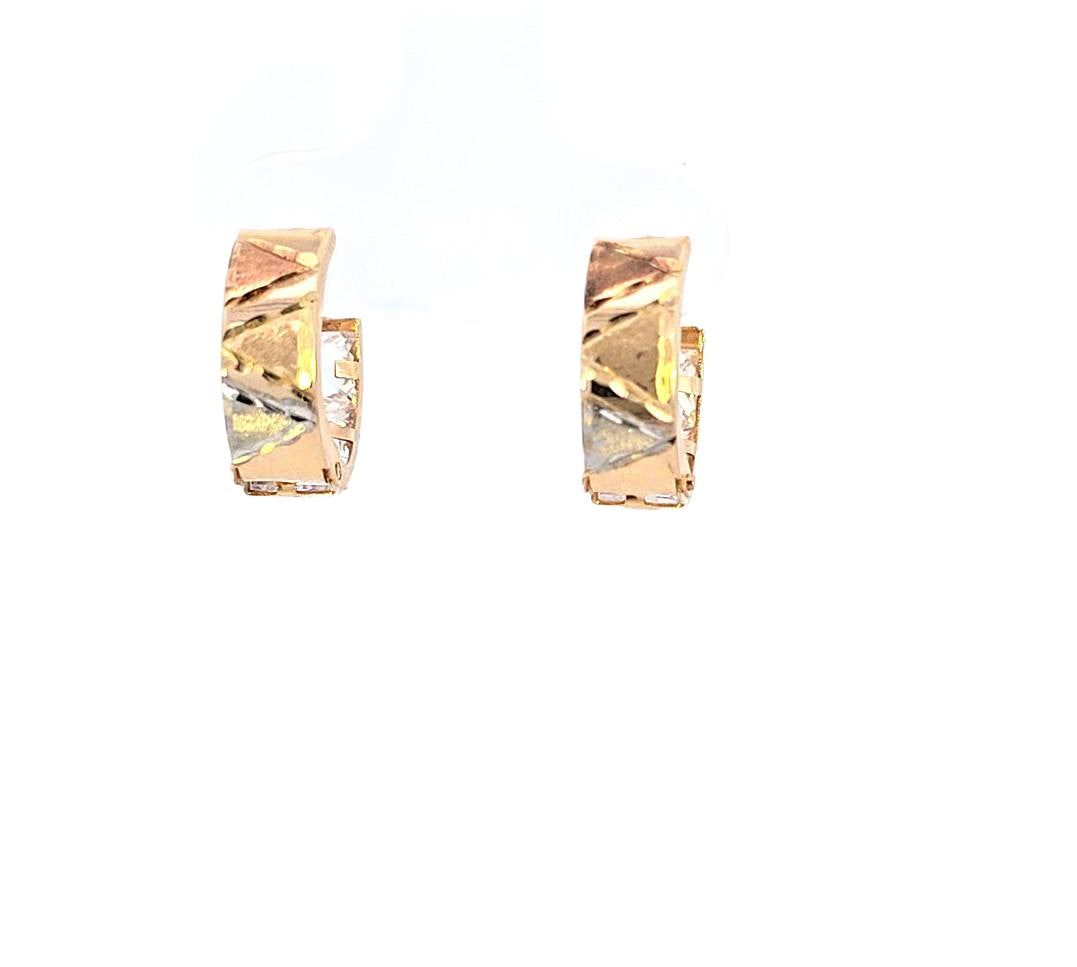 10K Real Gold Tri Color CZ Reversible Small Hoop Huggie Earrings