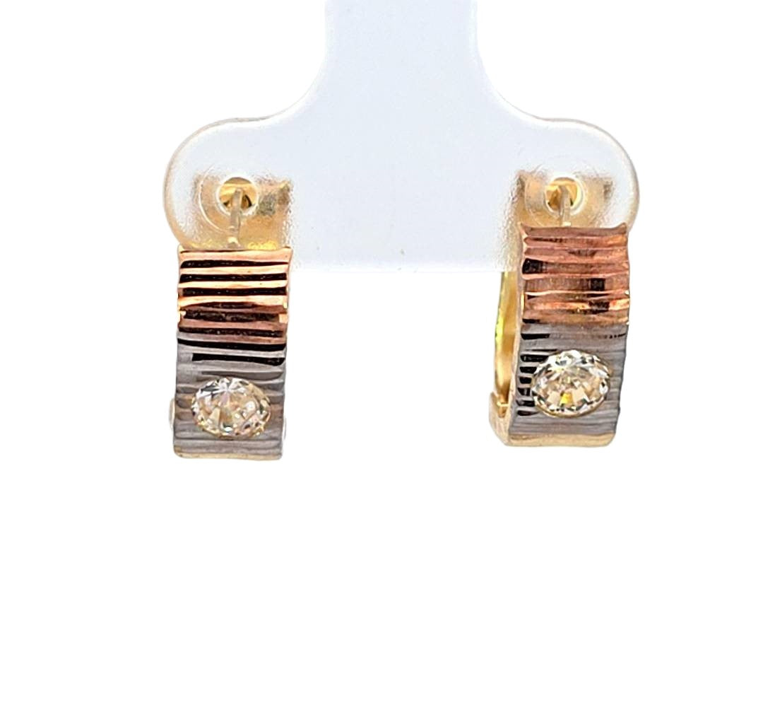 10K Real Gold Tri Color Solitaire Small Huggie Hoop Earrings