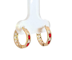 10K Real Gold Pink Ruby Clear CZ Reversible Huggie Hoop Small Earrings