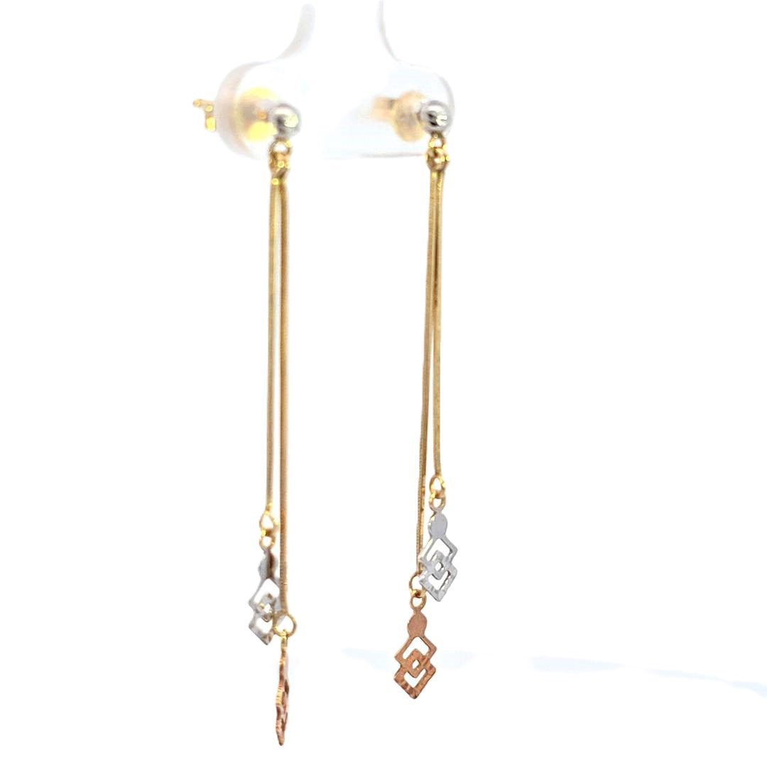 10K Real Gold Two Tone Long Fancy Dangle Screw Back Earrings