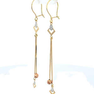 10K Real Gold Tri Color Long Dangle Fancy Hoop Earrings or Girls, Women's