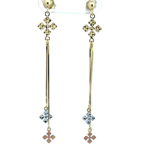 10K Real Gold Tri Color Diamond Cut Long Fancy Dangle Screw Back Earrings