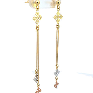 10K Real Gold Tri Color Diamond Cut Long Fancy Dangle Screw Back Earrings