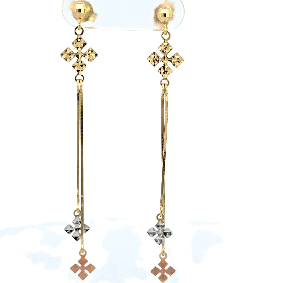 10K Real Gold Tri Color Diamond Cut Long Fancy Dangle Screw Back Earrings