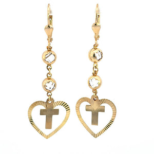 10K Real Gold CZ Heart Cross Fancy Hoop Earrings for Girls, Women's