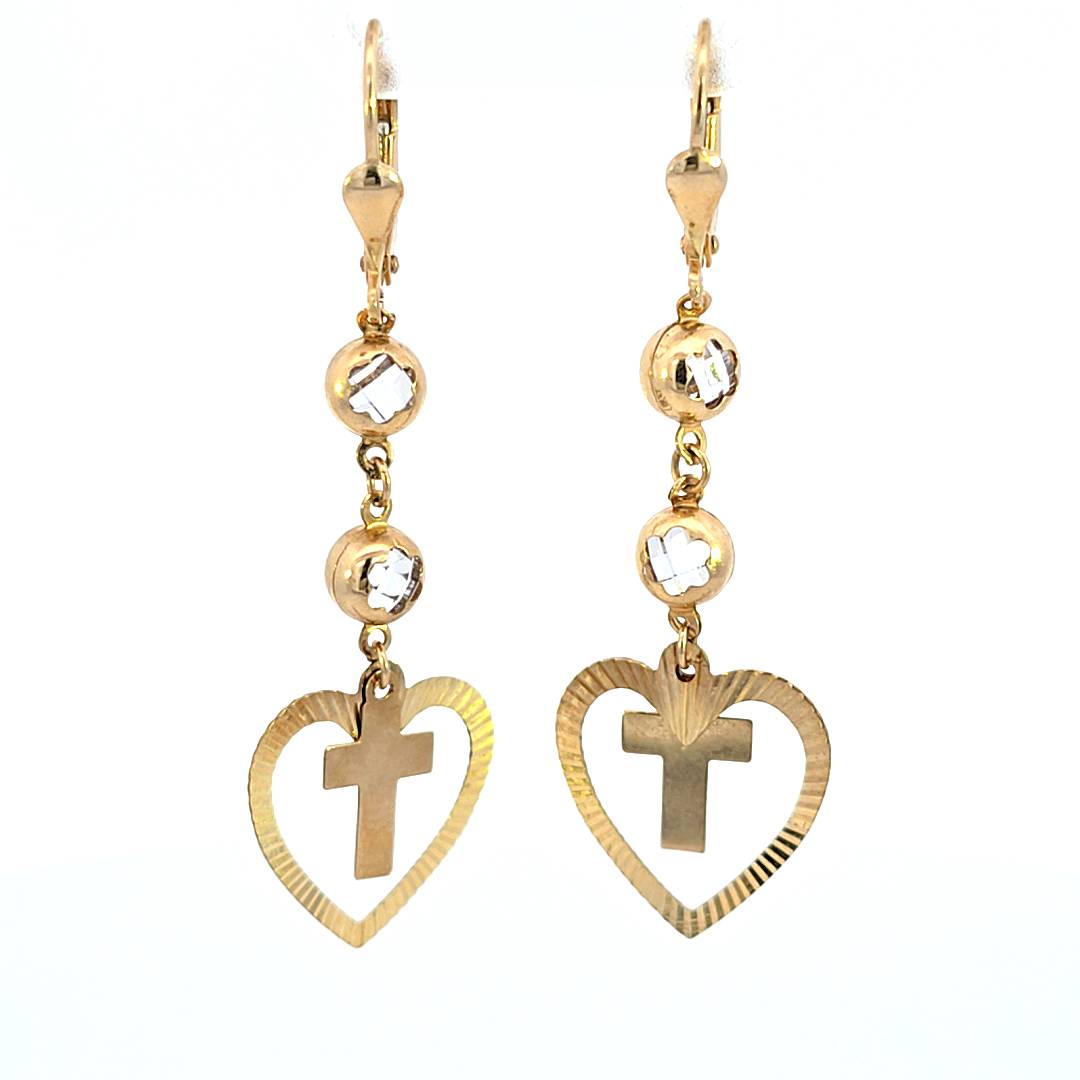 10K Real Gold CZ Heart Cross Fancy Hoop Earrings for Girls, Women's