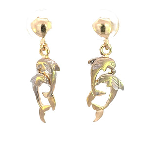 10K Real Gold Two Tone Dolphin Screw Back Small Earrings