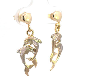 10K Real Gold Two Tone Dolphin Screw Back Small Earrings