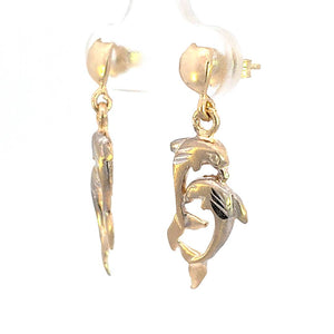 10K Real Gold Two Tone Dolphin Screw Back Small Earrings