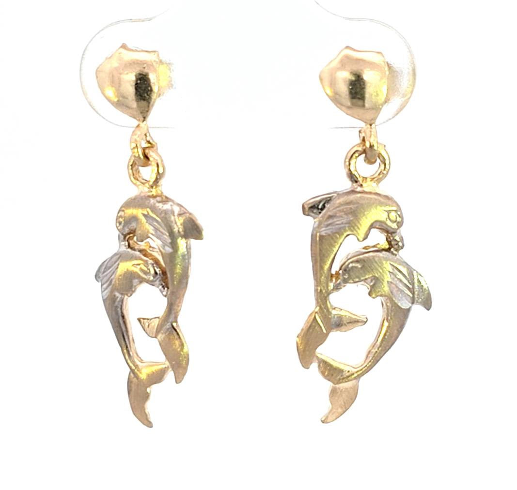 10K Real Gold Two Tone Dolphin Screw Back Small Earrings