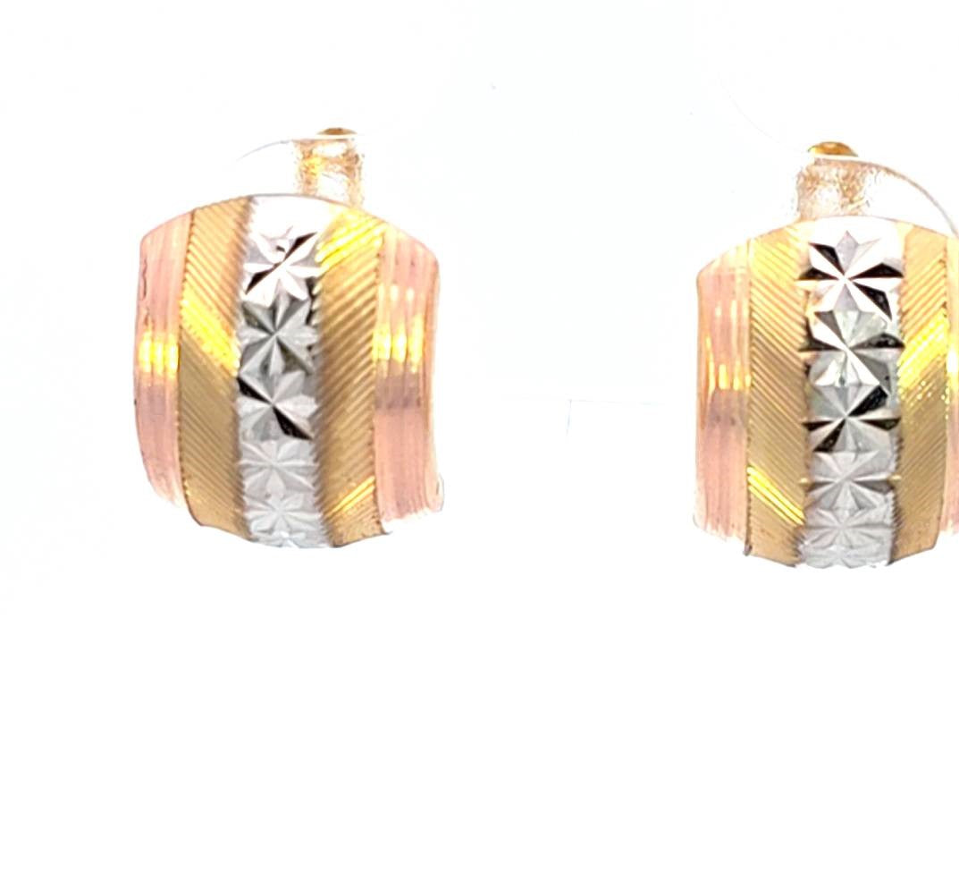 10K Real Gold Tri Color Fancy Huggie Hoop Small Earrings