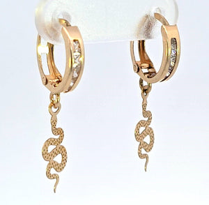 10K Real Gold Snake CZ Hoop Earrings for Girls, Women's