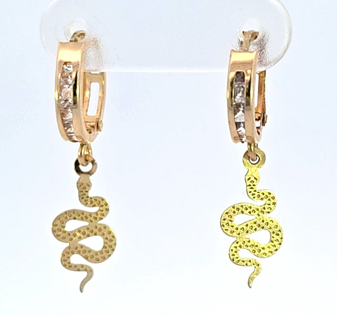 10K Real Gold Snake CZ Hoop Earrings for Girls, Women's