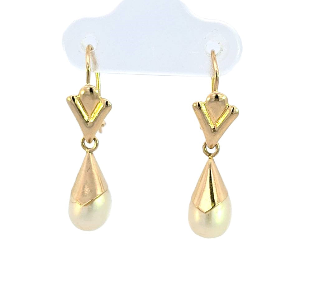 10K Real Gold Fancy Pearl Drop Small Dangle Hoop Earrings