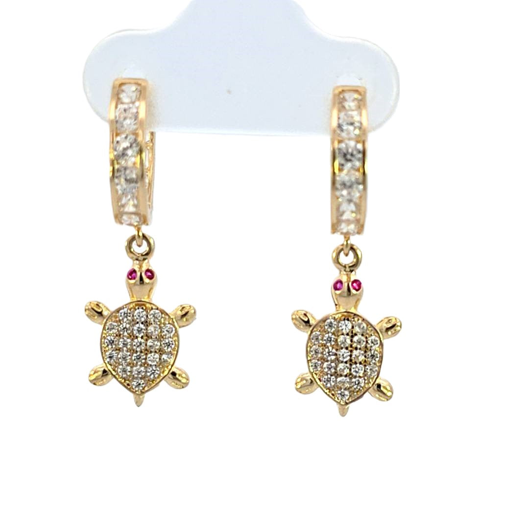 10K Real Gold MicroPave CZ Turtle with Red Stone Small Hoop Earrings