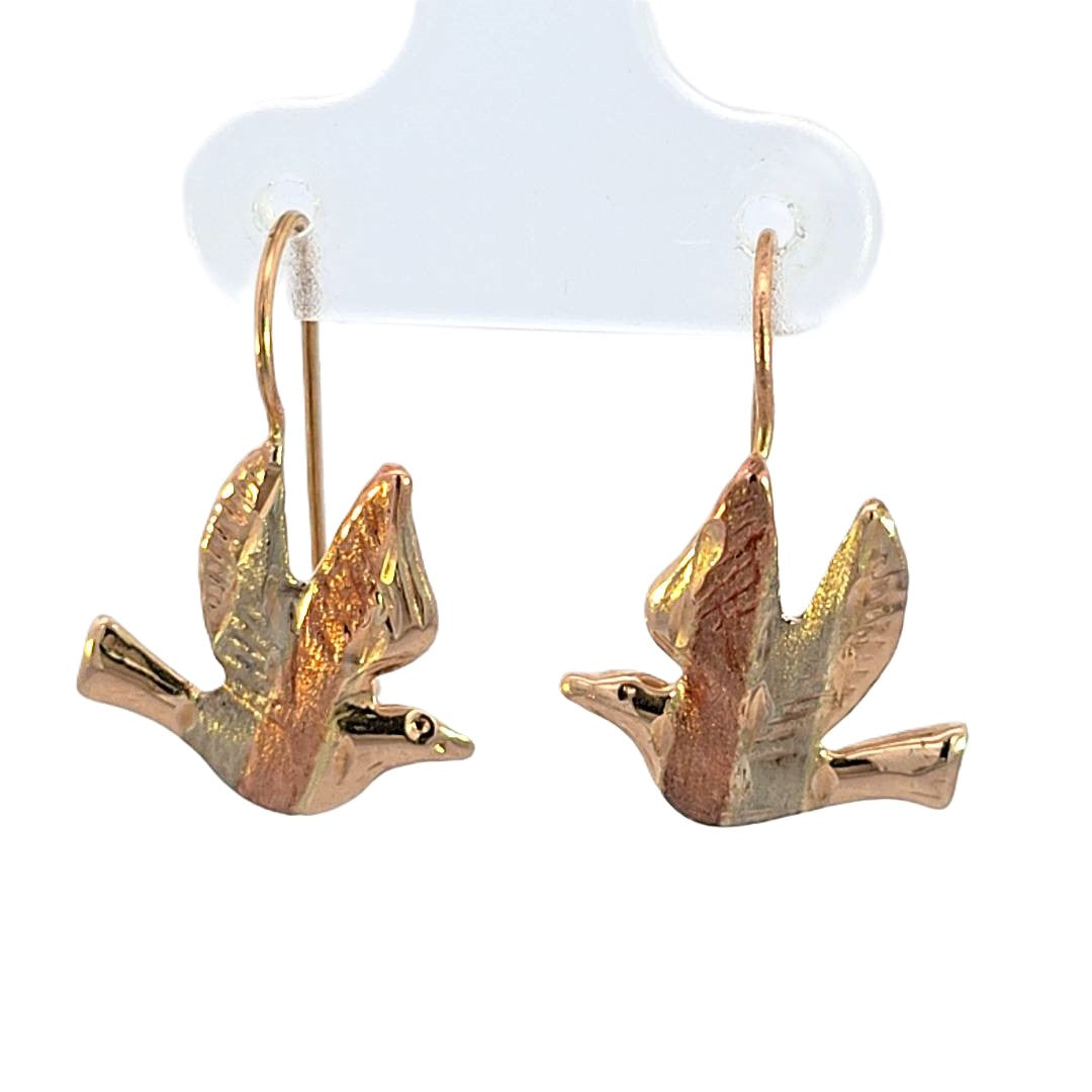 10K Real Gold Tri Color Dove Bird Hoop Earrings for Girls, Women's