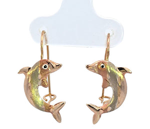 10K Real Gold Tri Color Dolphin Hoop Earrings for Girls, Women's