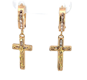 10K Real Gold CZ Jesus Cross Small Hoop Dangle Earrings